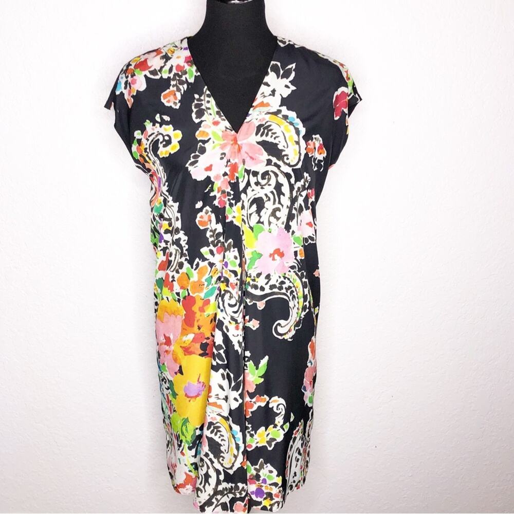 Lauren Ralph Lauren black white pink yellow floral cap sleeve dress 2 Petite 2P